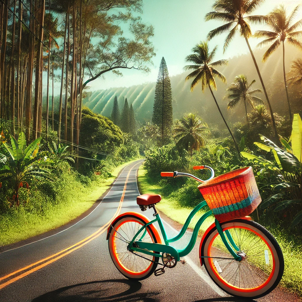 A colorful cruiser bike with a basket, set against a backdrop of Kauai’s scenic roads and lush greenery.