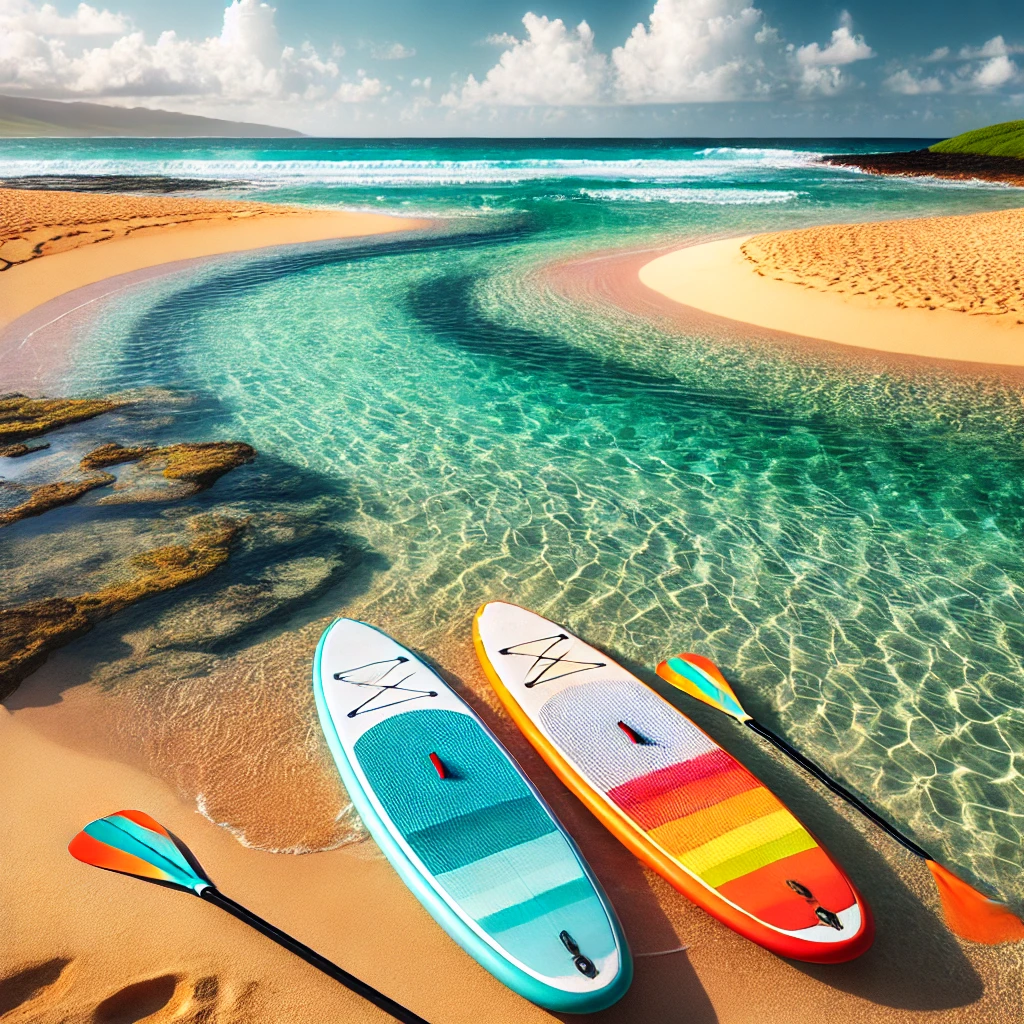 Two paddleboards resting on the shore where a river meets the ocean, showcasing the adventure that awaits.