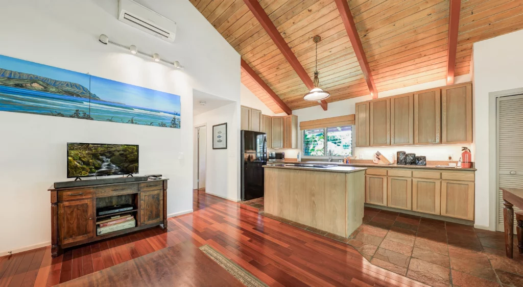 Elegant Living Room and Kitchen with Modern Comforts