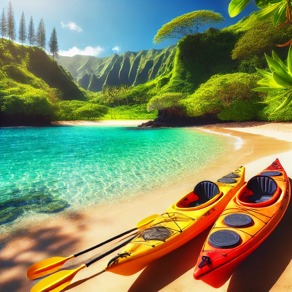 A single and a double kayak on the beach, ready for an adventure, with lush greenery and turquoise waters in the background.