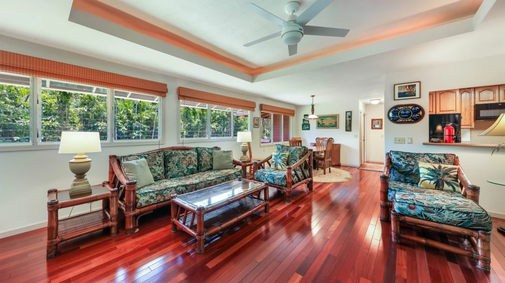 Stylish Living Room with Hutch and Dining Area View