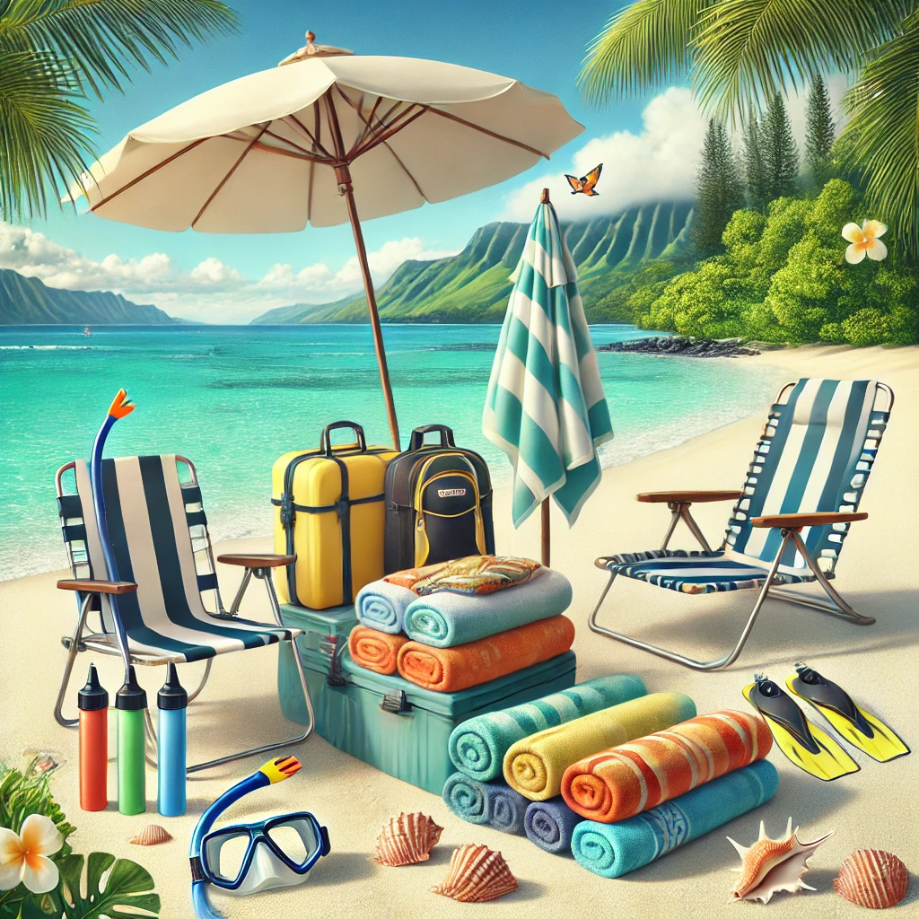 High-quality beach gear including towels, mobile beach chairs, and umbrellas in traditional Hawaiian cultural colors, along with snorkel gear, on a Kauai beach with turquoise waters, white sand, and lush greenery.