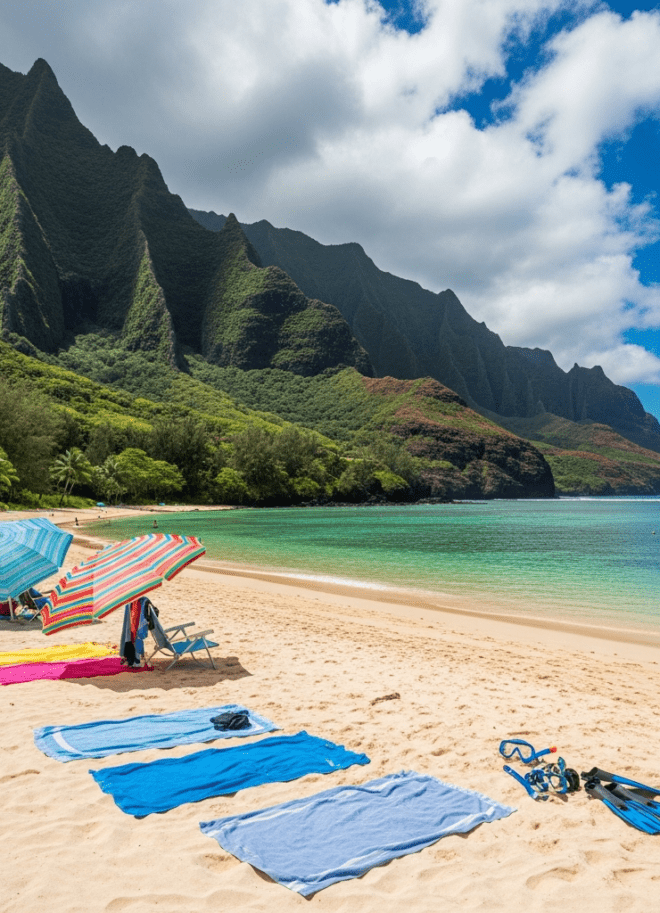 Pristine secluded Kauai beach with turquoise water and dramatic green cliffs