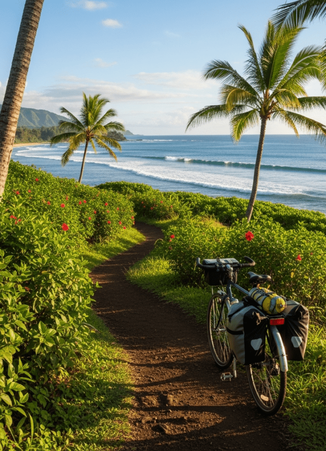 Bicycle on scenic coastal path surrounded by lush tropical vegetation on Kauai