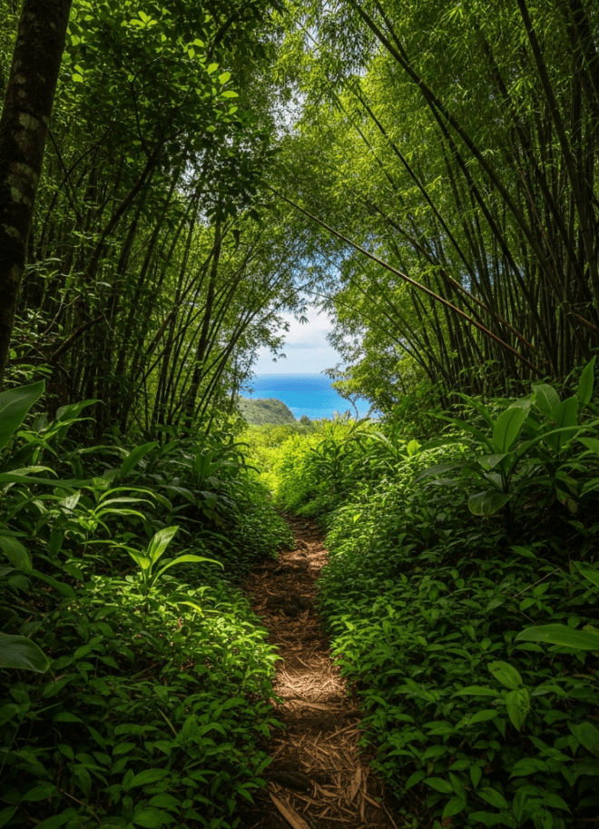 Lush jungle hiking trail on Kauai North Shore with ocean view through bamboo canopy