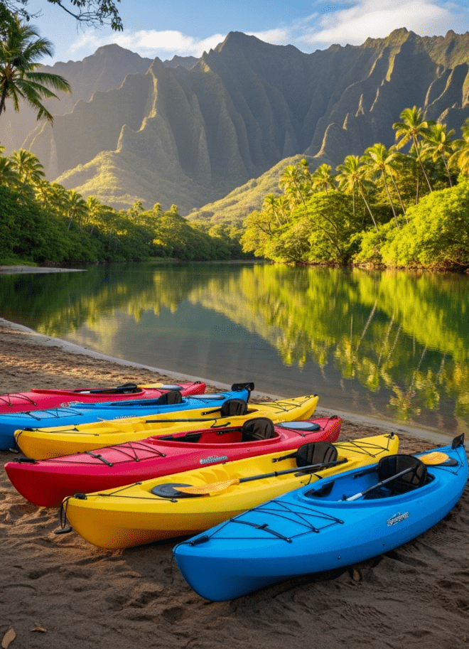 Colorful kayaks on sandy riverbank with tropical mountains in background on Kauai