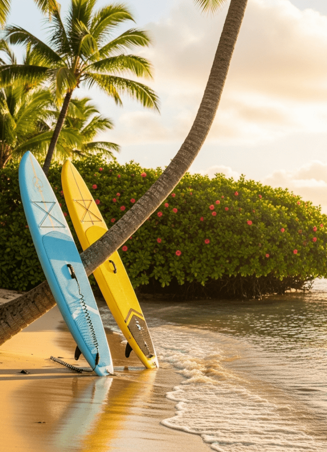 Paddleboards leaning against palm tree on calm Kauai beach at golden hour