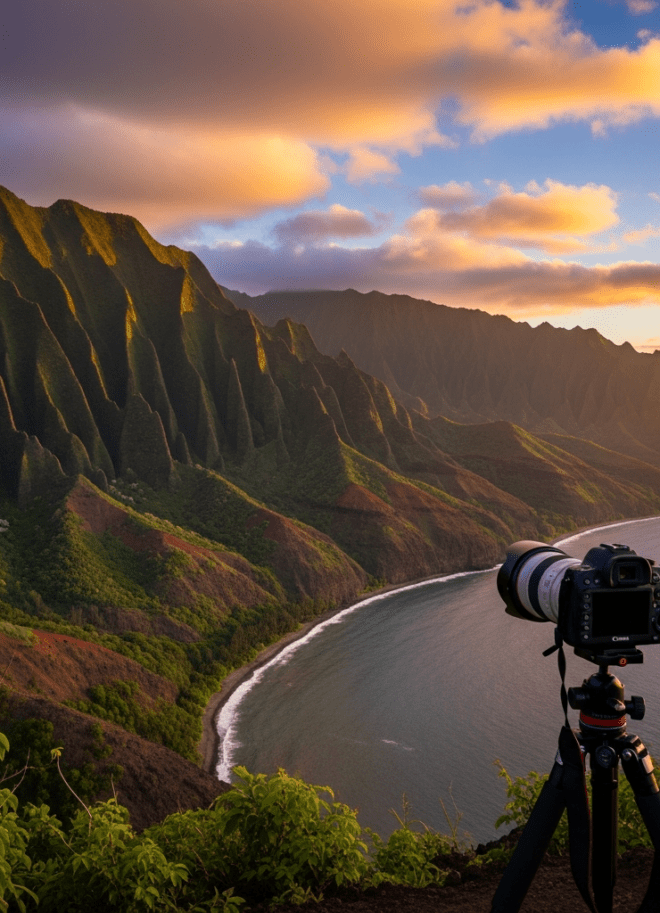 Stunning Na Pali coast cliffs at golden hour with camera on tripod in foreground
