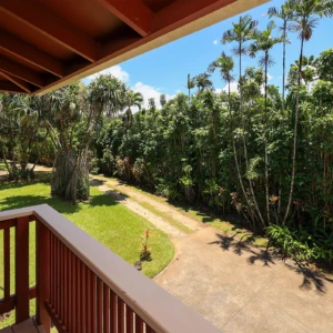 Enjoy the serene view towards Foster from the second bedroom deck at The River House, River Estate, Kauai. Second bedroom deck view towards Foster at The River House, River Estate