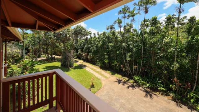 Enjoy the serene view towards Foster from the second bedroom deck at The River House, River Estate, Kauai. Serene View Towards Foster from Second Bedroom Deck