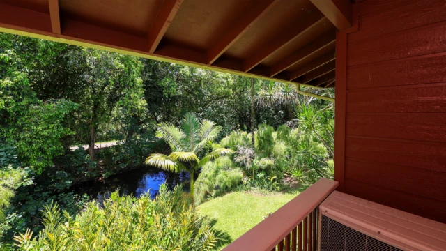Enjoy the tranquil downriver view from the third bedroom deck at The River House, River Estate, Kauai. Tranquil Downriver View from Third Bedroom Deck