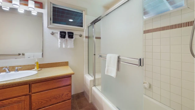 Enjoy the modern amenities and stylish design of the master bathroom at The River House, River Estate, featuring a spacious shower and elegant sink. Luxurious Master Bathroom with Spacious Shower