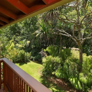 A serene view from a balcony overlooking lush greenery and a river, perfect for a peaceful retreat. Ideal for a Kauai vacation rental. View from a balcony overlooking lush greenery and a river.